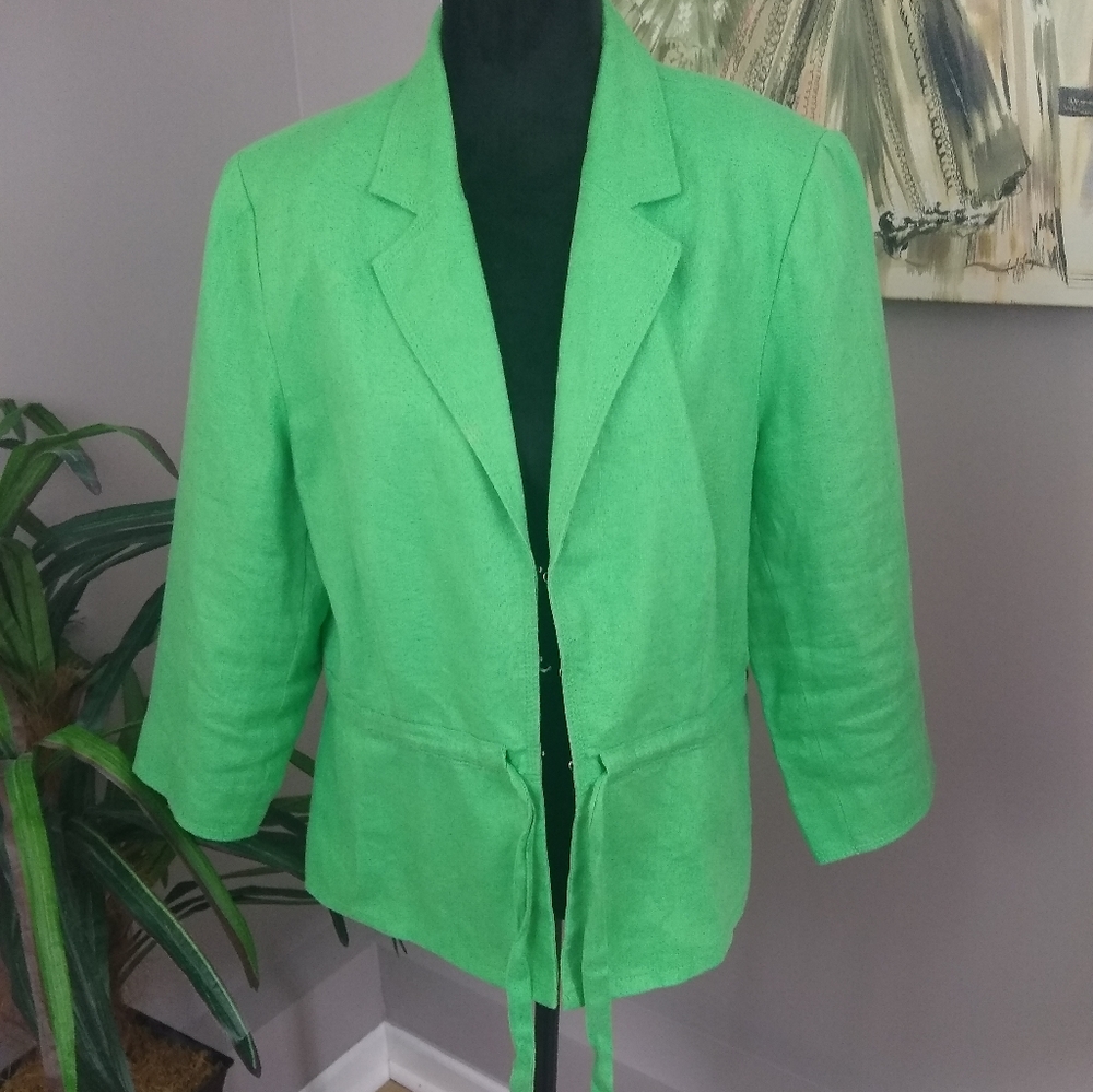 Plus Size M Collection Lime Green Drawstring Linen Jacket - Picture 4 of 16